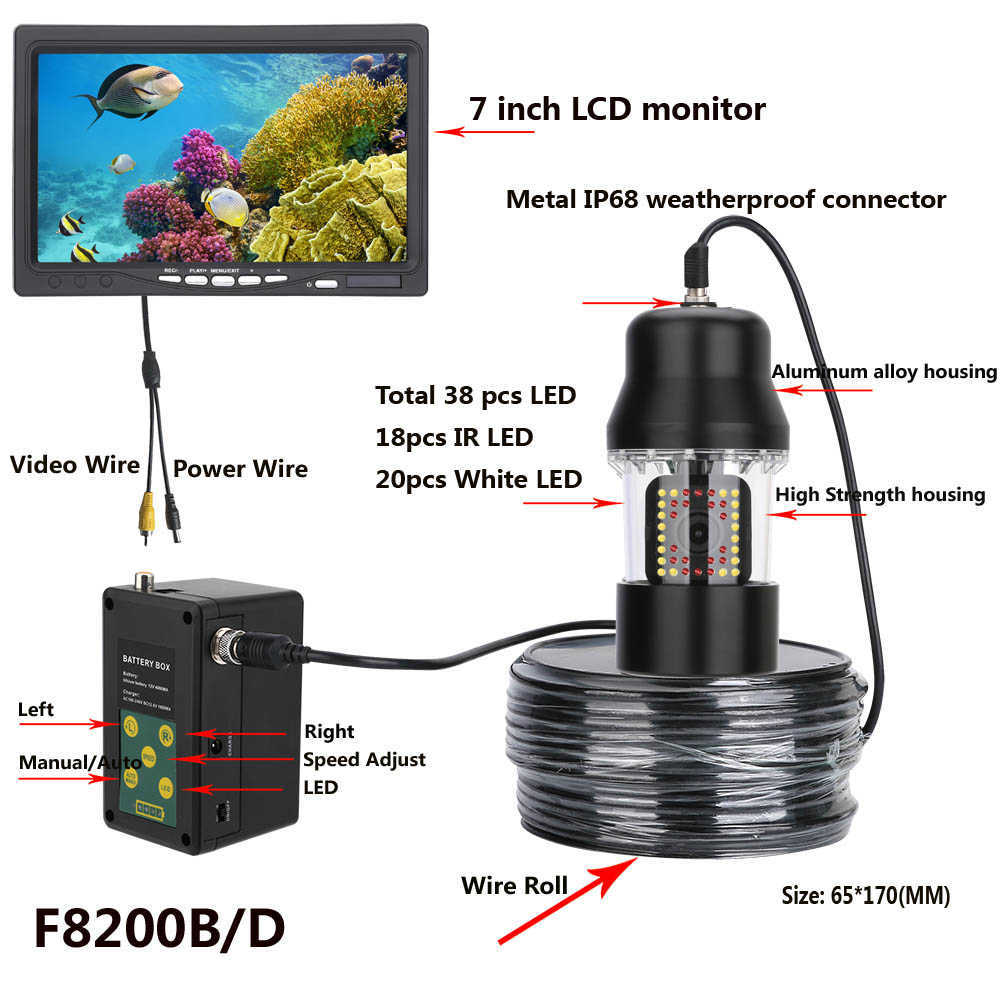 Caméra vidéo de pêche sous-marine, câble de 50m, Rotation à 360 degrés, détecteur de poisson, avec moniteur LCD 7 pouces, batterie, carte SD HKD230828