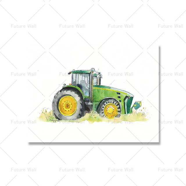 Canvas Painting Green Tractor Combine Cartoon Cotton Picker Poster Nordic Modern Art Print Wall Picture For Farm Children Bedroom Living Room Decor Gift No Frame Wo6