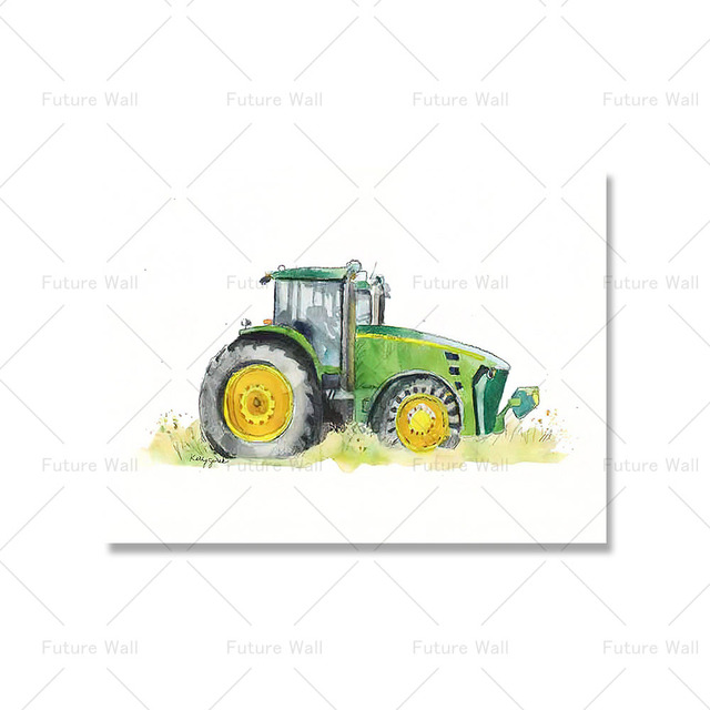 Peinture sur toile Tracteur Vert Combiner Dessin Animé Cueilleur De Coton Affiche Nordique Moderne Art Imprimer Image Murale Pour Ferme Enfants Chambre Salon Décor Cadeau Sans Cadre Wo6