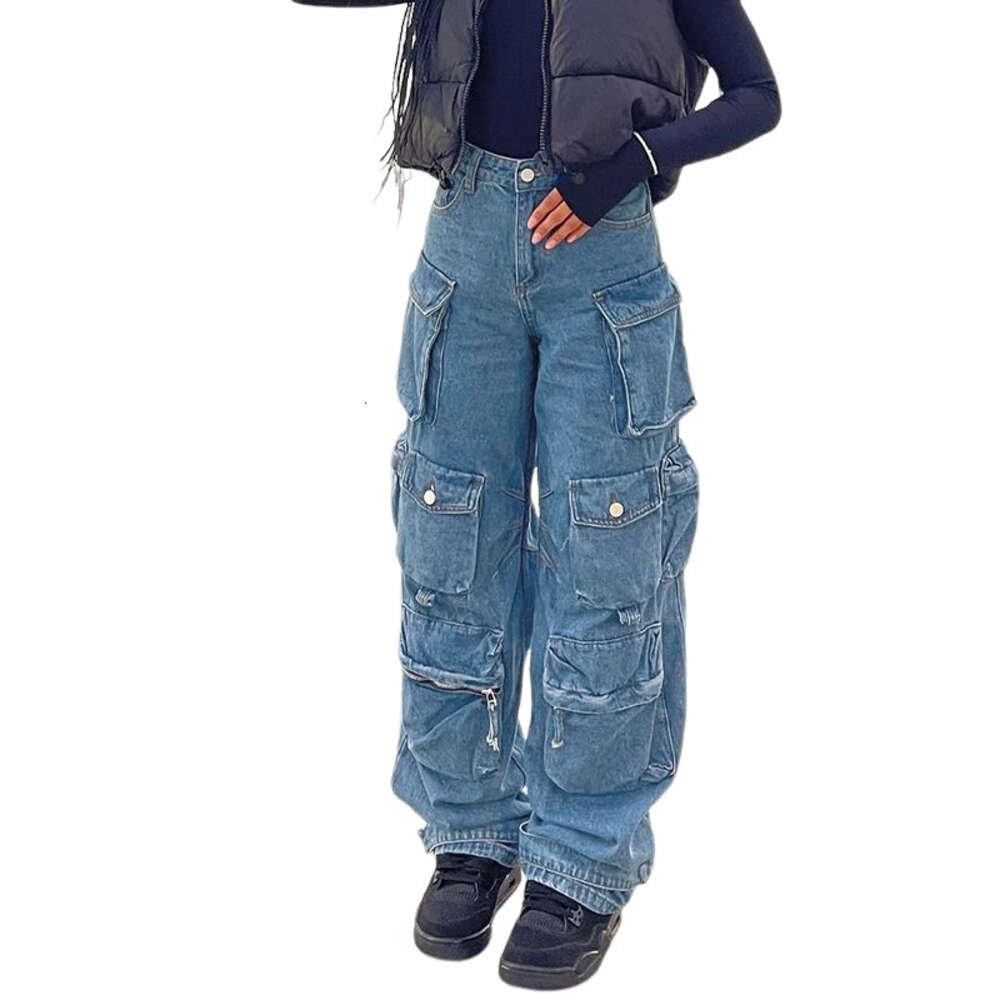 Casual Cargo Hosen Mittlere Taille Vintage Blau Lose Streetwear Baggy Mehrere Taschen Jeans Frauen Hip Hop Y2k Gerade Hosen