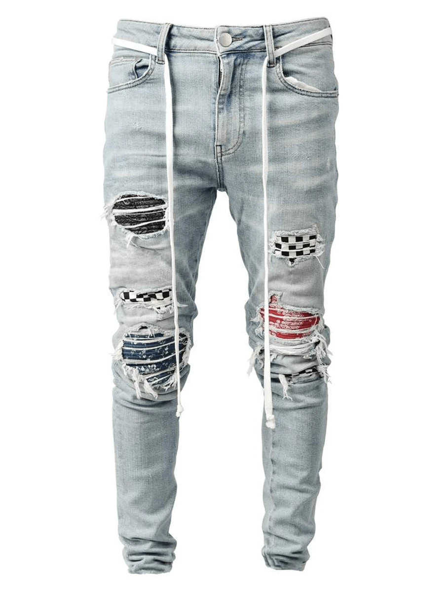 High Street Hommes Skinny Slim Fit Rayé Trous Déchirés Pantalon Crayon Mode Plaid Imprimé Mâle Jeans Denim Pantalon S-3XL HKD230829