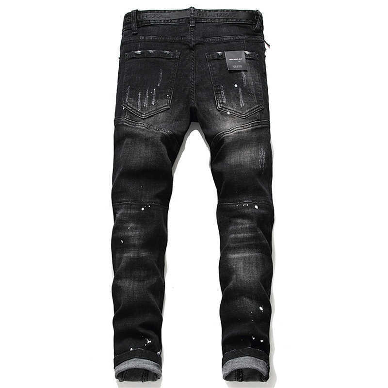 Mens Luxury Classic Black Jeans Slim-Fit Stretch Denim Pants Stylish Distressed Casual Pants Youth Fashion Must; HKD230829