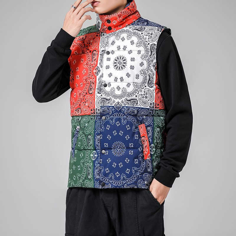 Retro Style Printed Hooded Parkas Men Winter Sleeveless Coat Vest Plus Size 4XL Comfortable Warm Stand Collar Waistcoat Overcoat HKD230828