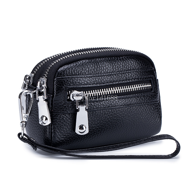 Large Capacity Women's Wallets Genuine Leather Short Coin Purse Leather Zipper Multi-function Card Bag with Wrist Strap