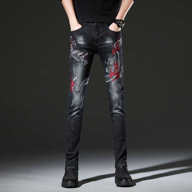 Mens Light Luxury Dragon Embroidery Jeans Slim-Fit Stretch Scratches Denim Pants High Street Jeans Pants Youth Must; HKD230829