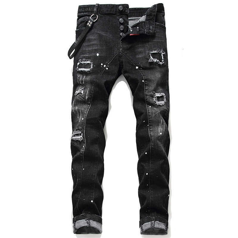 Mens Luxury Classic Black Jeans Slim-Fit Stretch Denim Pants Stylish Distressed Casual Pants Youth Fashion Must; HKD230829