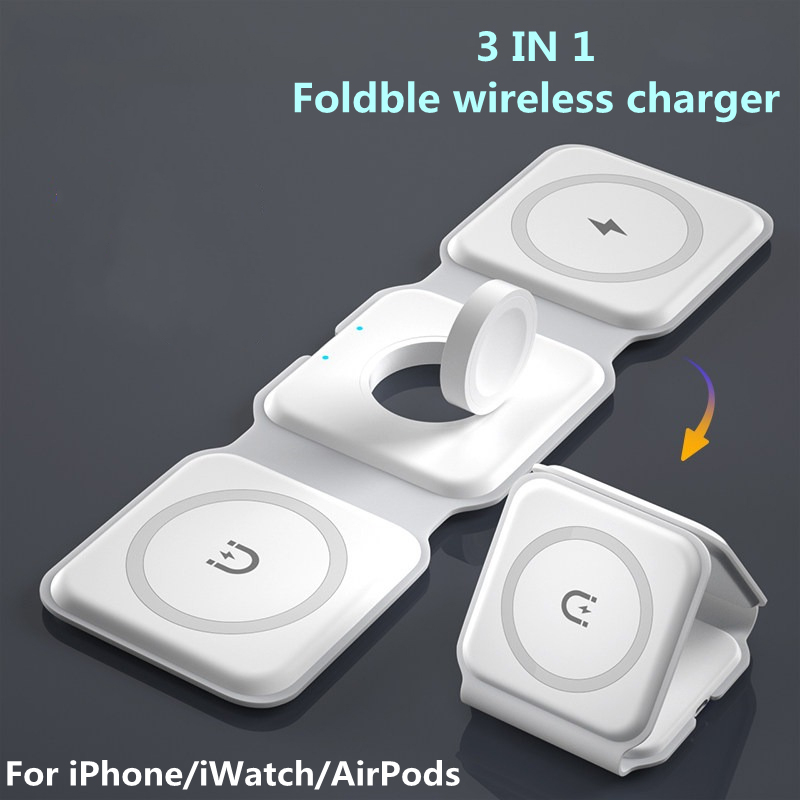 Chargeur magnétique sans fil 3 en 1 15W, support pliable, pour iPhone 15 14 13 12 11 Pro/Airpod Pro 3/i Watch 7, charge rapide Portable