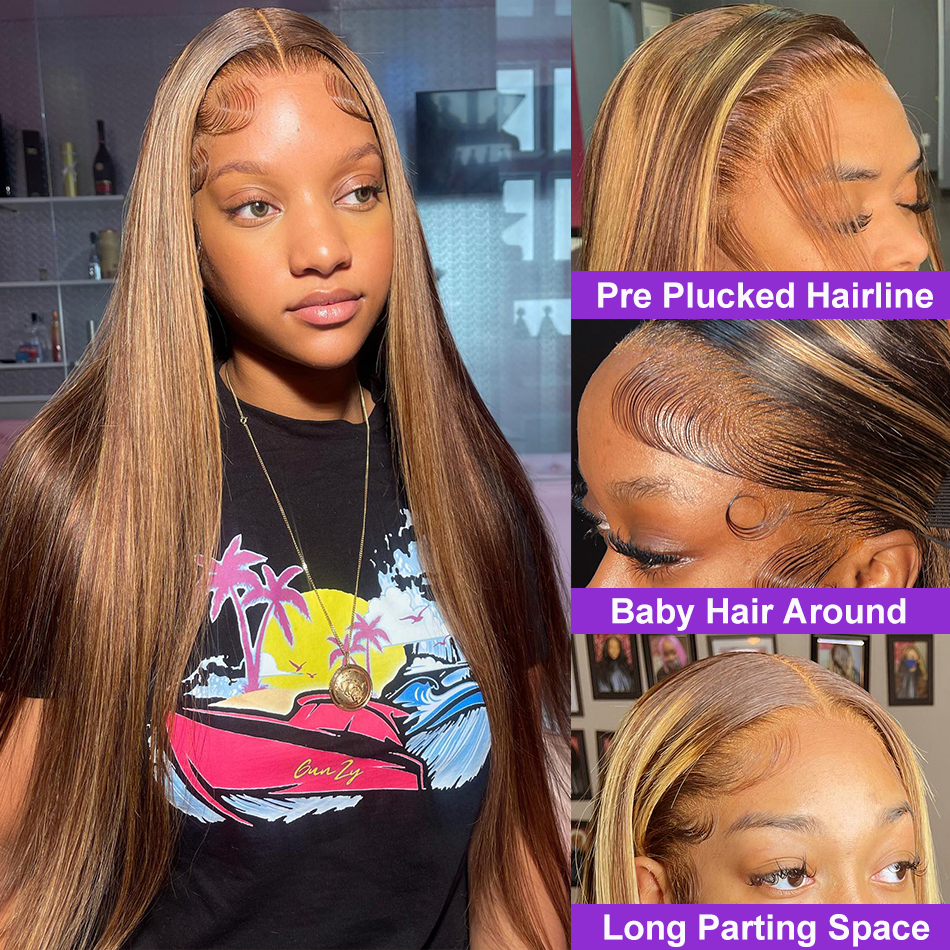 Perruque Lace Frontal Wig naturelle sans colle, cheveux lisses à reflets, 34 pouces, couleur blond miel, 13x6, 250%, 100% cheveux humains, pour femmes