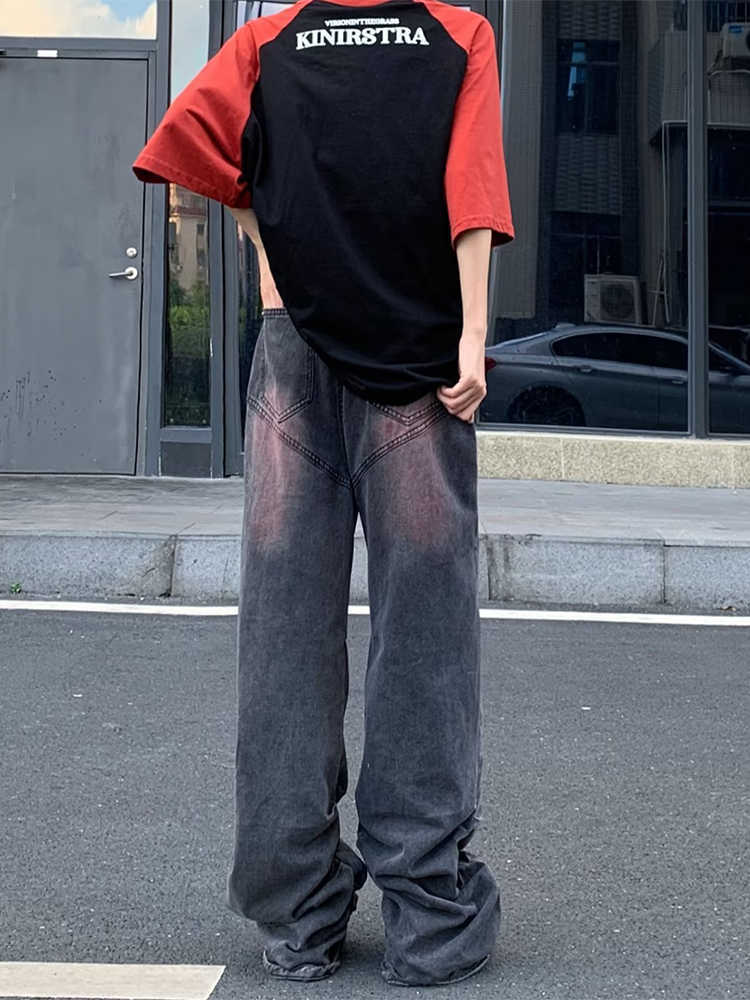 YIHANKE New Fashion Red Striped Baggy Jeans Y2K Pants Men Clothing Straight Vintage Hip Hop Denim Trousers Y2k Mens Jeans HKD230829