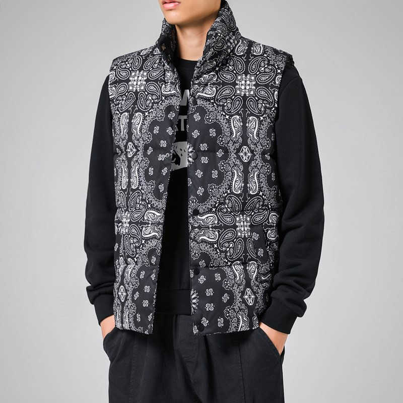 Retro Style Printed Hooded Parkas Men Winter Sleeveless Coat Vest Plus Size 4XL Comfortable Warm Stand Collar Waistcoat Overcoat HKD230828