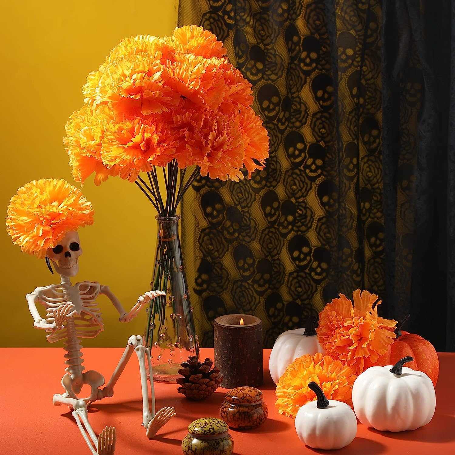 Yannew fleurs de souci artificielles avec tige bouquet de fleurs en vrac pour Halloween jour des morts Diwali décor bricolage couronne artisanat HKD230829
