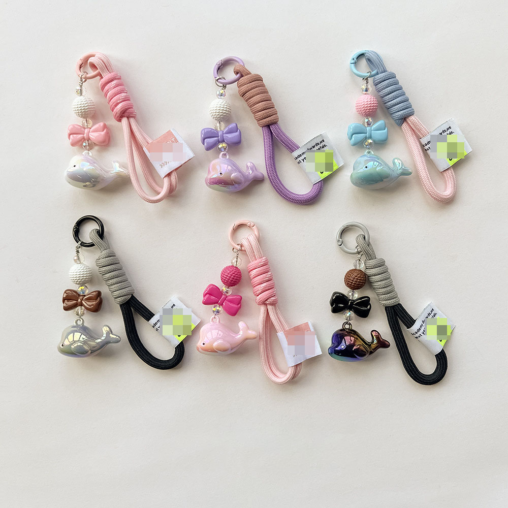 Acrylic colorful cute little whale dolphin plated uv pendant weave cloth rope key chain bag hanging rope