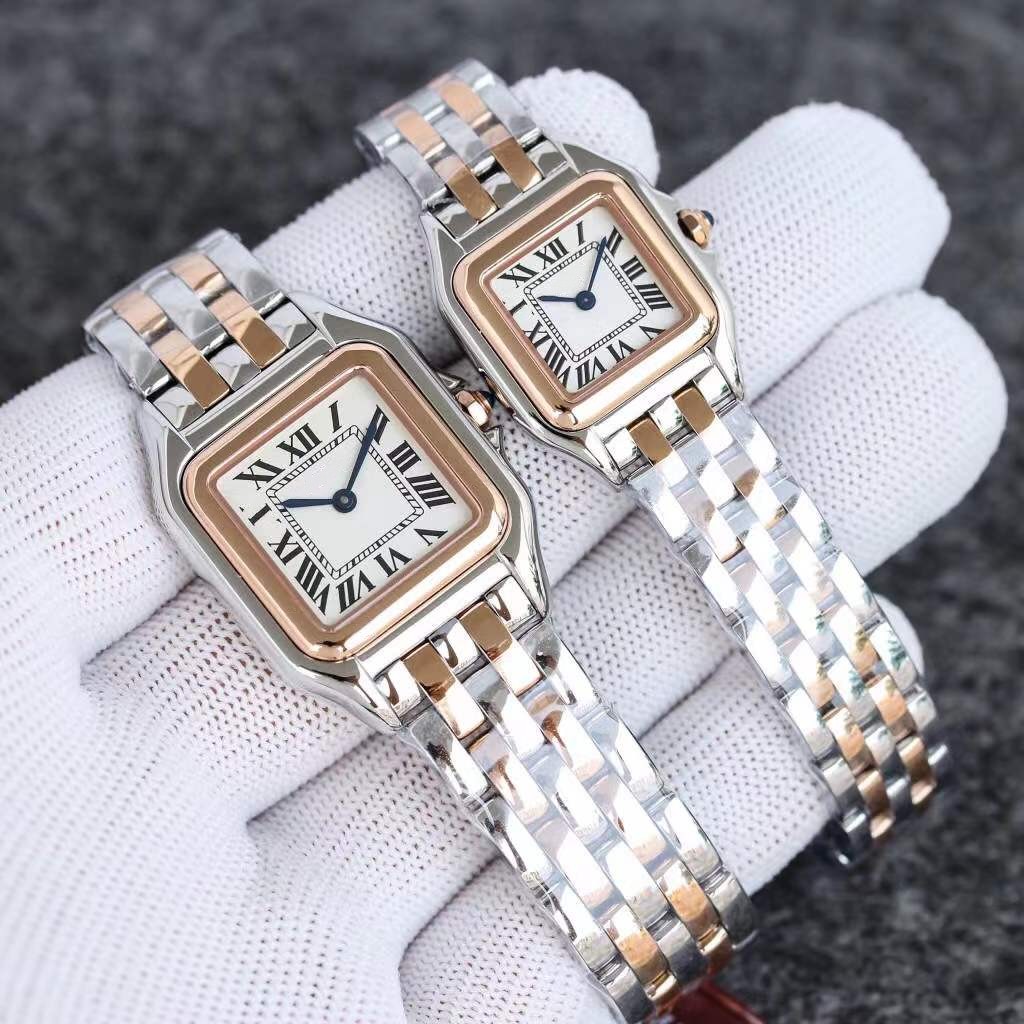 Fashion Women Square Panther Watch Stainless Steel Strap Clock Geometric Leopard Quartz Wristwatch Roman Numerals Dial Animal Panthere Watches 22mm 27mm