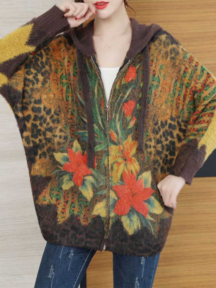 マックス韓国冬の女性ファッションルーズニットウォームフード付きセーターレディースラグジュアリーフローラルヒョウジッパージッパーカーディガンHKD230829
