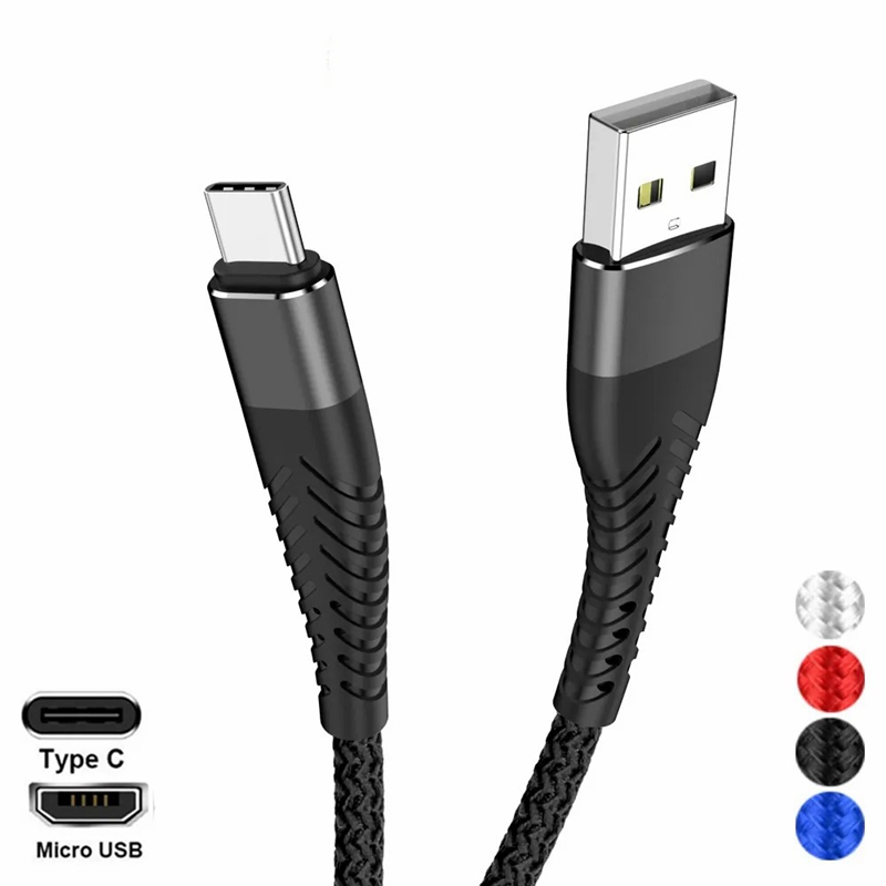 2.4A 1M/3ft 2M/6ft 3M/10ft Micro Type C flätad legering USB -kabel för Samsung S8 S20 S10 S21 HTC Android Phone PC