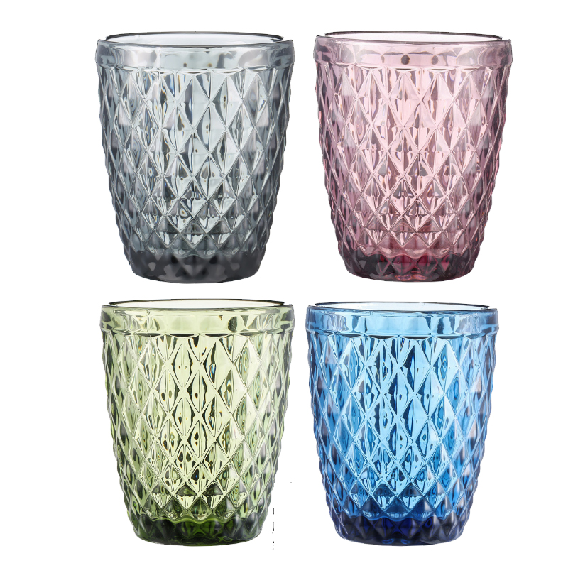 220ml Wine Beer Water Glasses Cup Colored Glass Tumblers with Diamond Vintage Pattern Embossed Romantic Drinking Champagne Drinkware for Party Wedding Festival