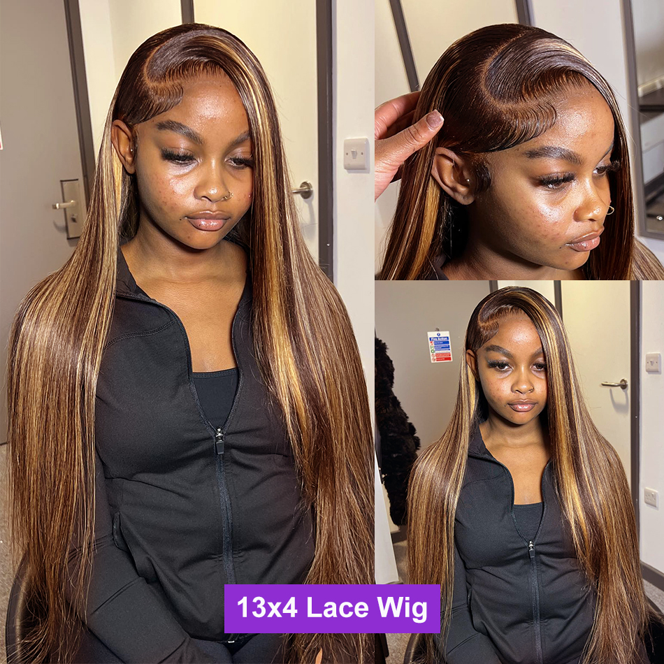 Perruque Lace Frontal Wig naturelle sans colle, cheveux lisses à reflets, 34 pouces, couleur blond miel, 13x6, 250%, 100% cheveux humains, pour femmes