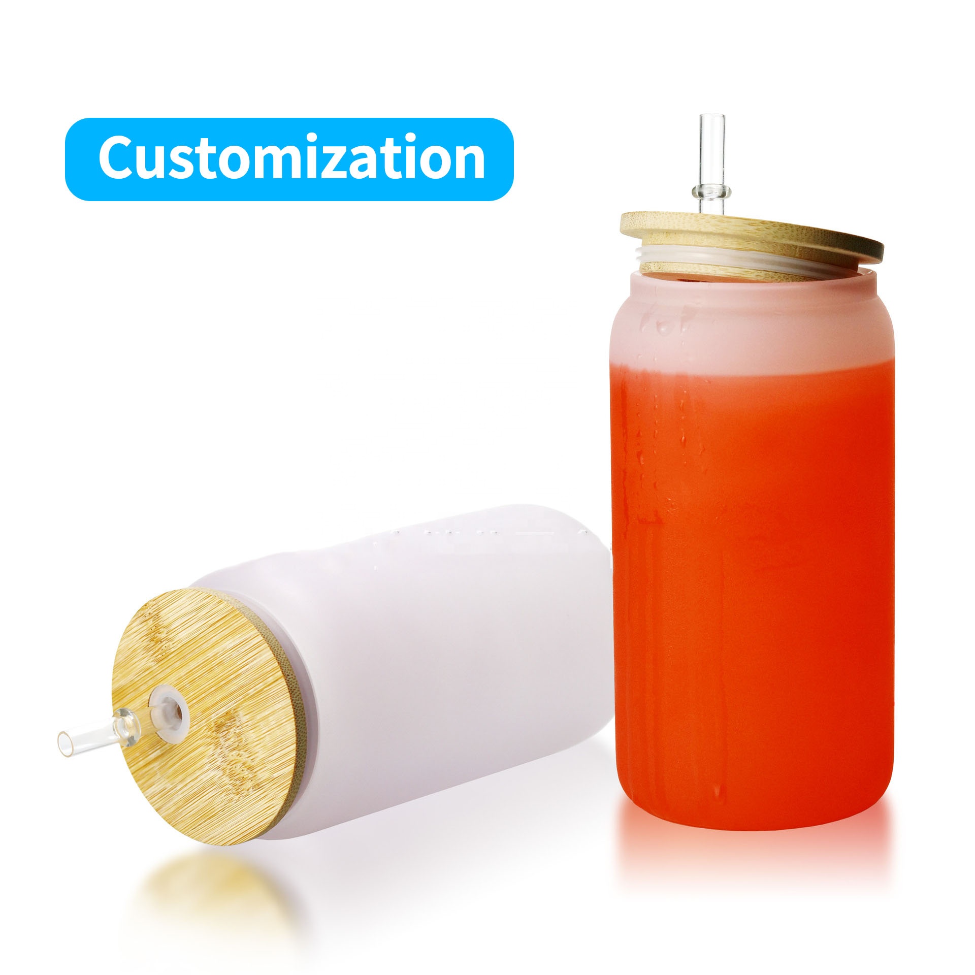 Wholesale 16Oz Clear Frosted Sublimation Blanks Color-changing Glass Mason Jar Beer Can Glass Cup with Bamboo Lid and Straw