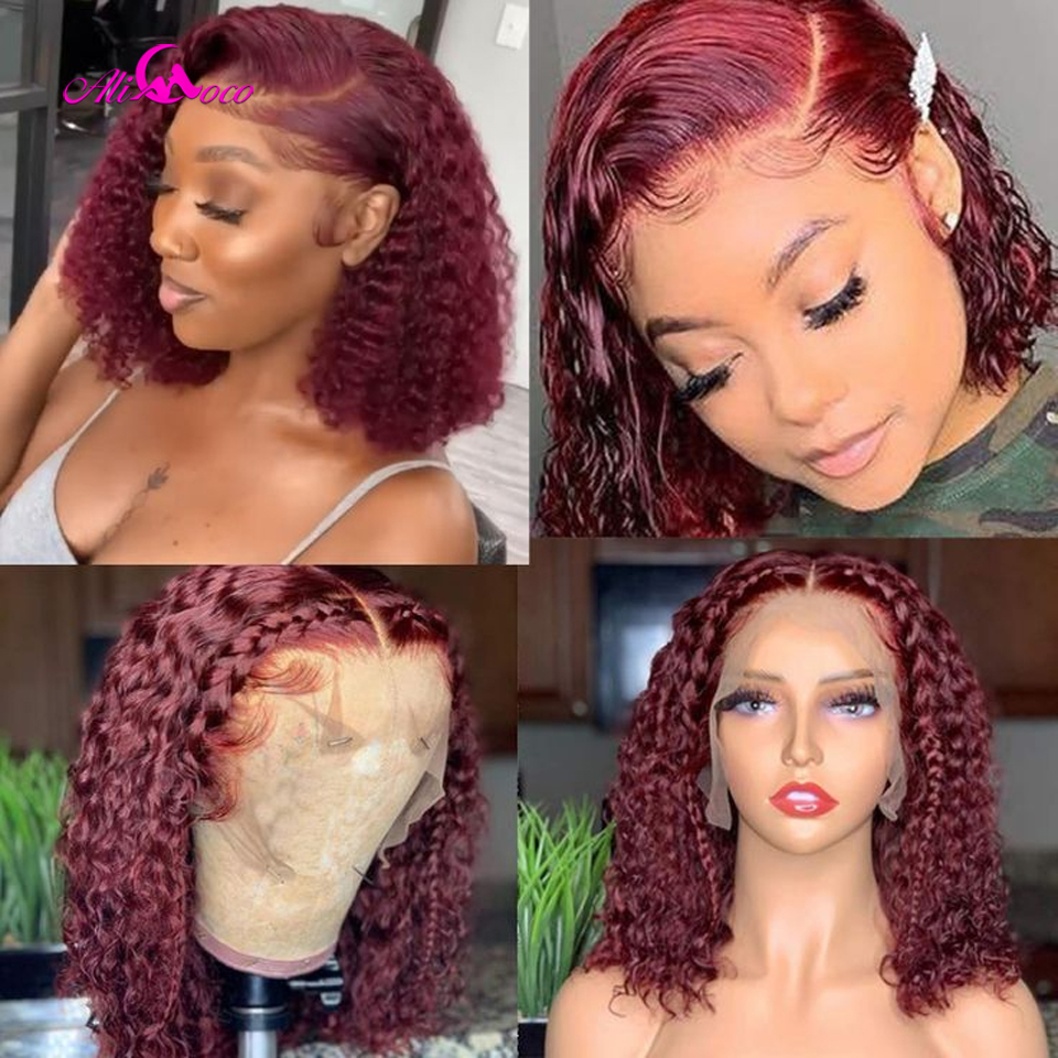 180 كثافة 99J بورجوندي قصيرة مجعد بوب WIG 13x4 الباروكات الأمامية للنساء البرازيلي ريمي بوب الدانتيل الجبهة