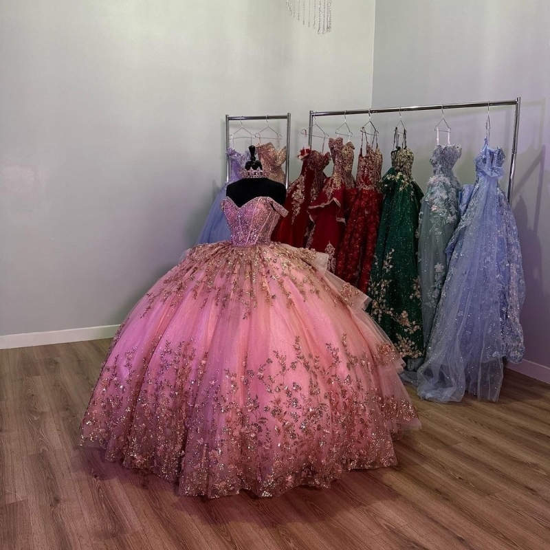 Luxury Rose Red Shiny Sweetheart Princess Quinceanera Dresses Beading Applicies Party Dress Tulle Elegent Sweet Vestido de 15 16 Anos