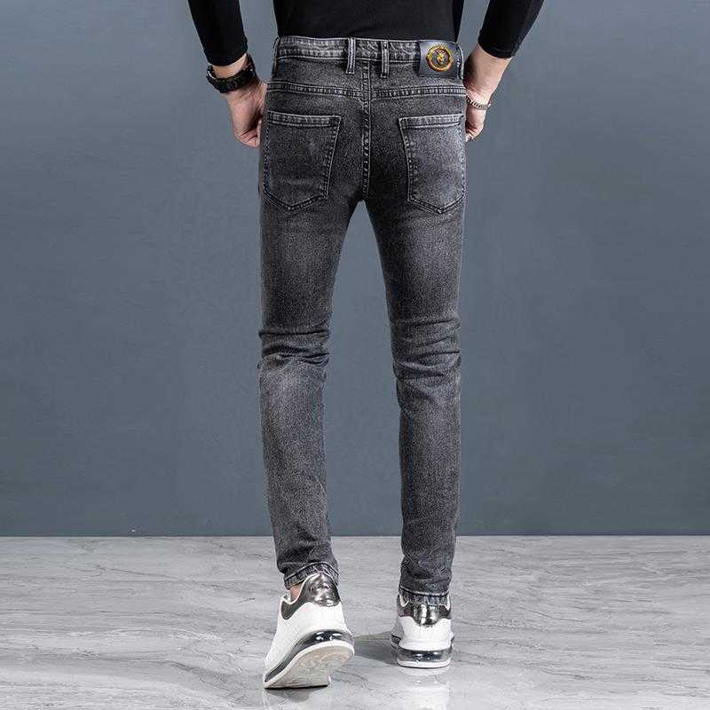 High Quality Mens Slim-fit Stretch Gray Denim Pants Trendy Tiger Prints Decors Casual Pants Stylish Sexy Street Jeans Pants; HKD230829