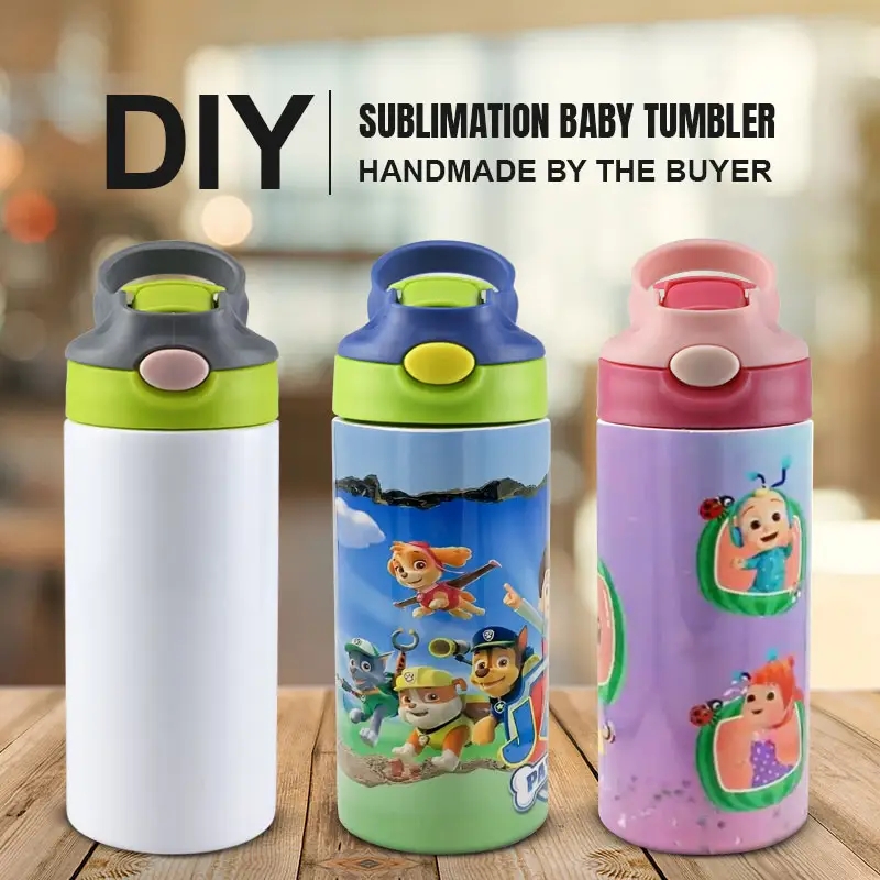 12oz Sublimación en blanco Tazas para sorber 350 ml Botella de agua para niños Vaso Doble pared Acero inoxidable Taza para beber con aislamiento al vacío Tazas con asa Tapas con tapa abatible emergente