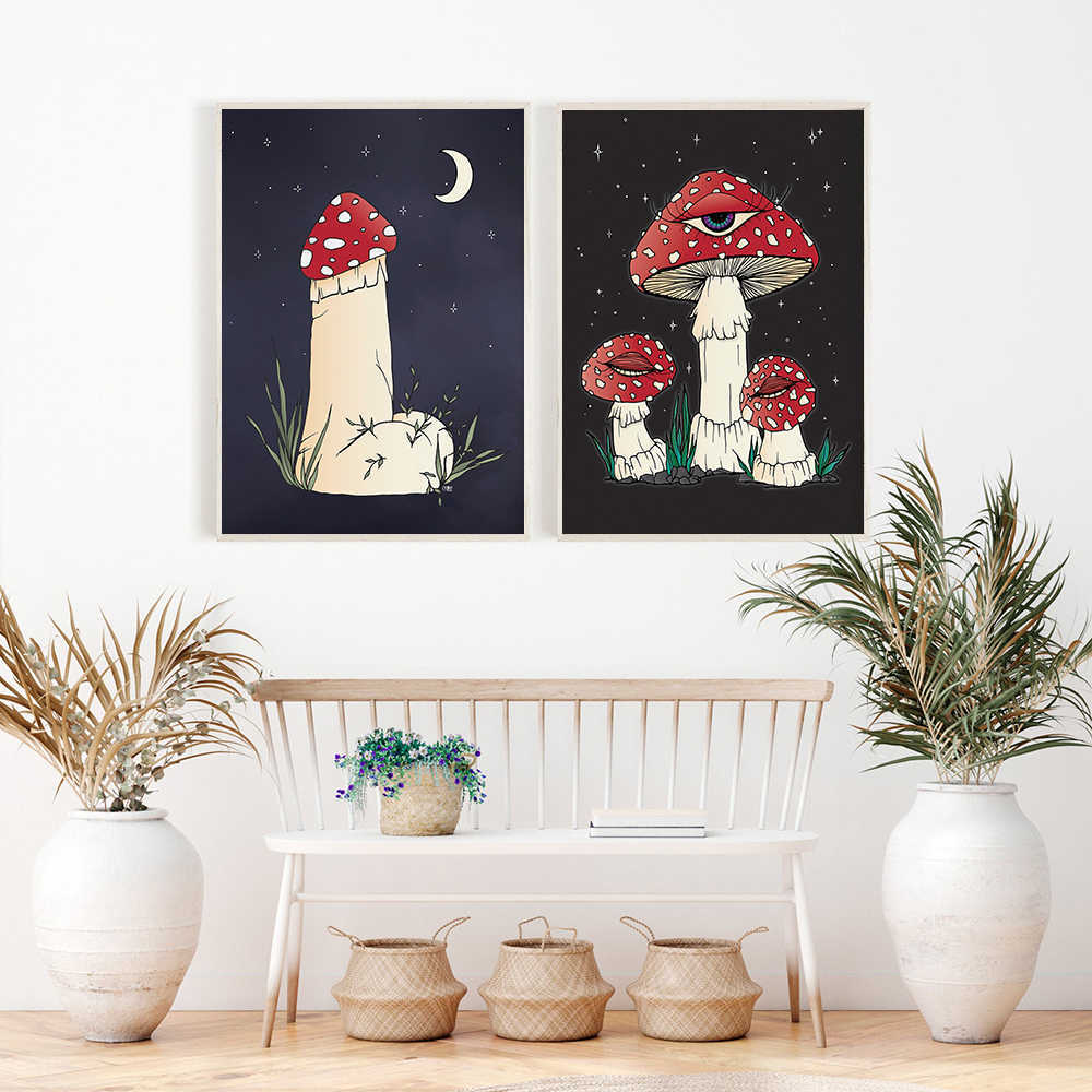 Póster Mystic Shroom con ojo, seta roja, impresión artística de Vinatge, pintura en lienzo con pene divertido, imágenes de pared, decoración de habitación HKD230829