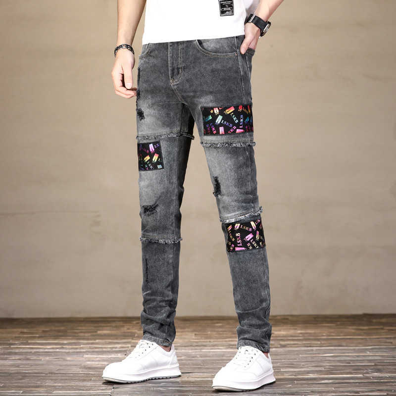 Jean Patchwork coloré pour hommes, pantalon en Denim déchiré de haute qualité, léger et luxueux, à la mode, pour motard; 230829 HKD