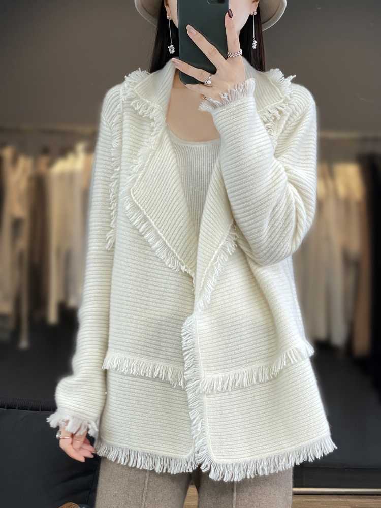 Damski odzież z frędzel 100% garnitur wełny merynosów Cardigan 2023 Autumn/ Winter Mały płaszcz zapachowy Top Fashion Korean HKD230829