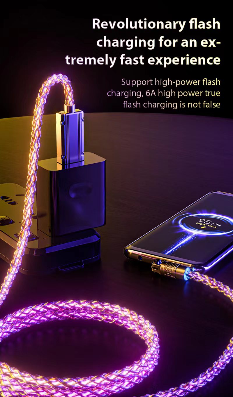 120W Super Fast Charging USB Type C Cable 180 ° RGB Lighting 6A Micro USB Cable for Samsung Xiaomi OnePlus LG CORM