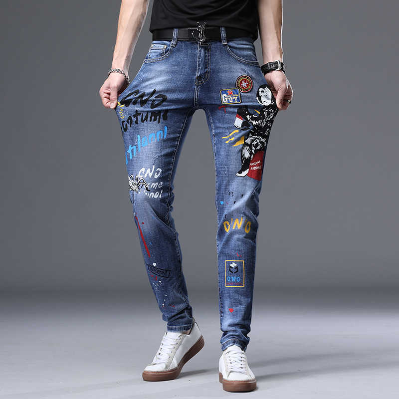 Mens High Quality Print Jeans Slim-fit Stretch Denim Pants Monkey Prints Decors Blue Jeans Wash Scratches Casual Jeans; HKD230829