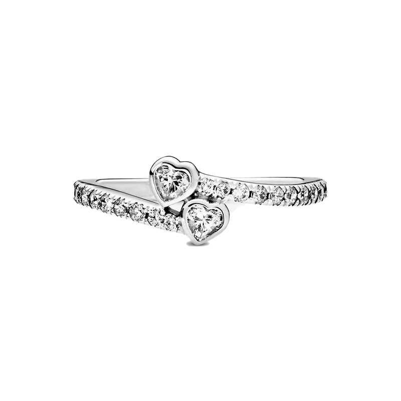 Fine jewelry Authentic 925 Sterling Silver Ring Fit Charm Two Sparkling Hearts Engagement DIY Wedding Rings3084975