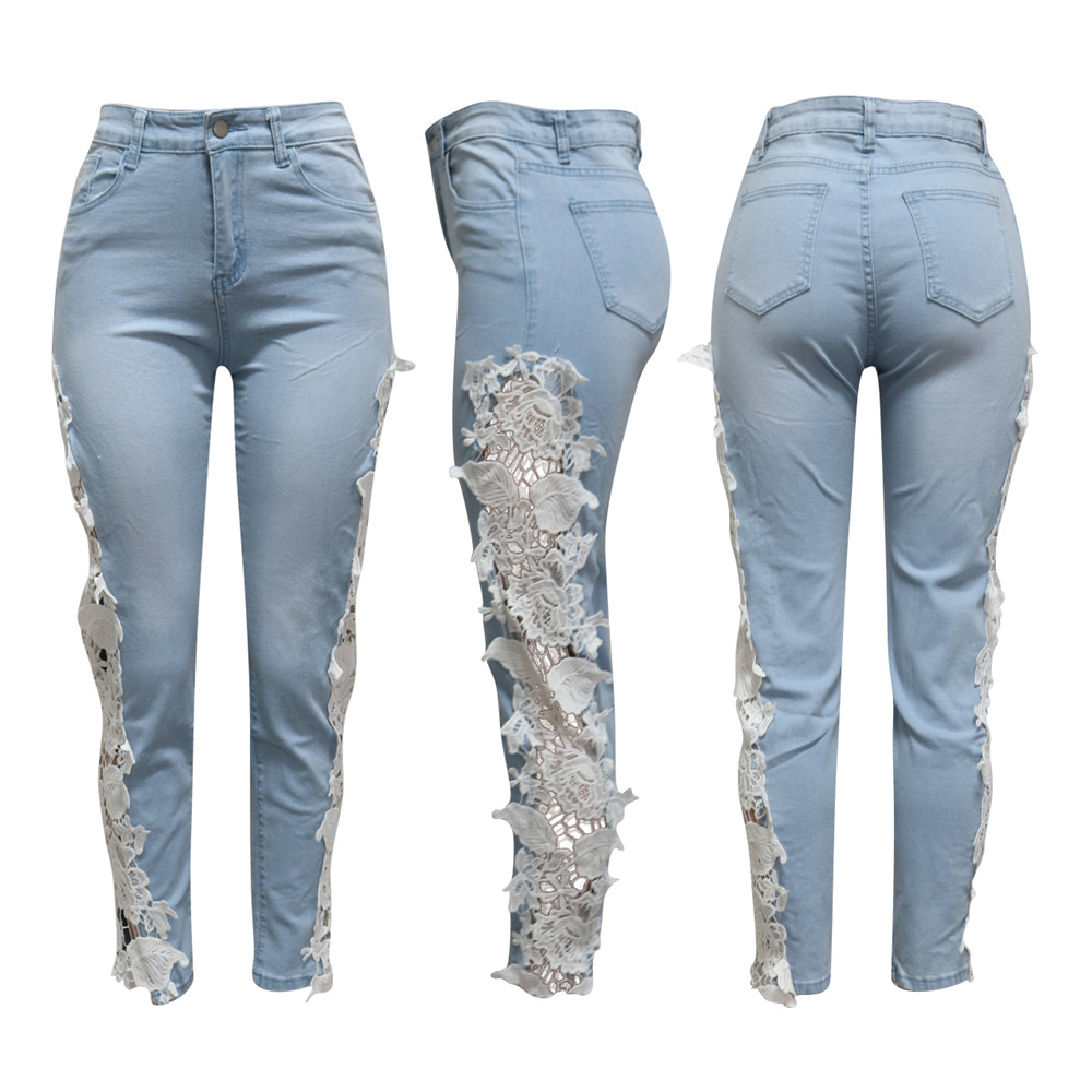 Designer Jeans Women Fashion Stretchy Lace Patchwork Denim Pants High Waist Vintage Trousers Skinny pencil pants Streetwear Bulk Wholesale Clothes 10083