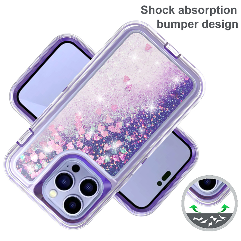 3 in 1 Bling Sparkle Flowing Quicksand Liquid Case For iPhone 15 14 13 12 11 pro max Phone case Transparent Shockproof TPU Crystal