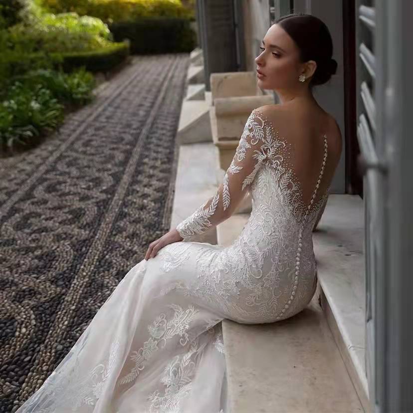 Luxury Mermaid Cocktail Dress Lace Long sleeved Bridal Dress Court Dress Tulle Dress Arabic Special Occasion Cocktail ENG3022