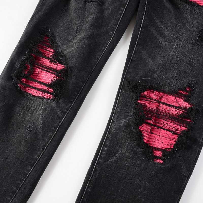 EU Drip Denim Men's Black Distressed Moustache Slim Fit Damaged Holes Pink Ribs Patches Stretch Scratched Ripped Jeans HKD230829