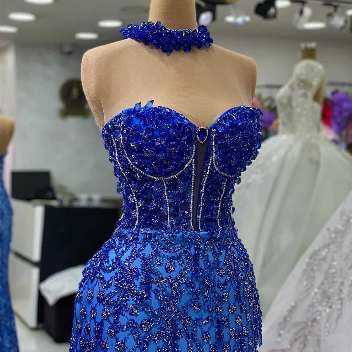 2023 ASO EBI Arabiska kungblå sjöjungfru Prom Dress Crystals Sequined Lace Evening Formal Party Second Reception födelsedagsengagemang klänningar klänningar mantel de soiree zj2