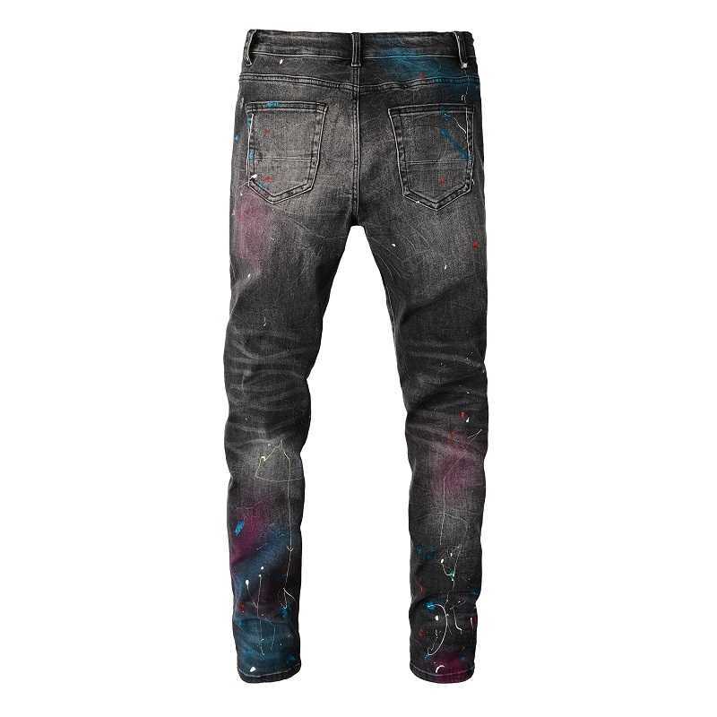 EU Drip Denim Jeans homme gris clair moustache en détresse coupe ajustée Graffiti trous endommagés Stretch peint jean déchiré HKD230829