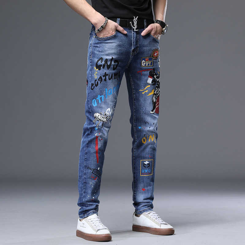 Mens High Quality Print Jeans Slim-fit Stretch Denim Pants Monkey Prints Decors Blue Jeans Wash Scratches Casual Jeans; HKD230829