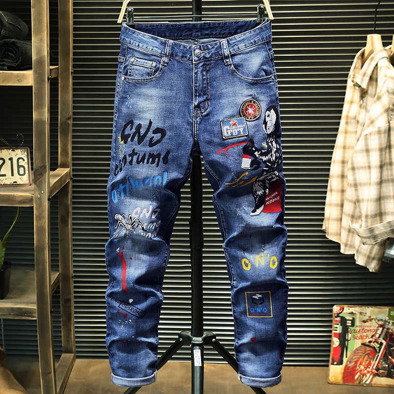 Mens High Quality Print Jeans Slim-fit Stretch Denim Pants Monkey Prints Decors Blue Jeans Wash Scratches Casual Jeans; HKD230829