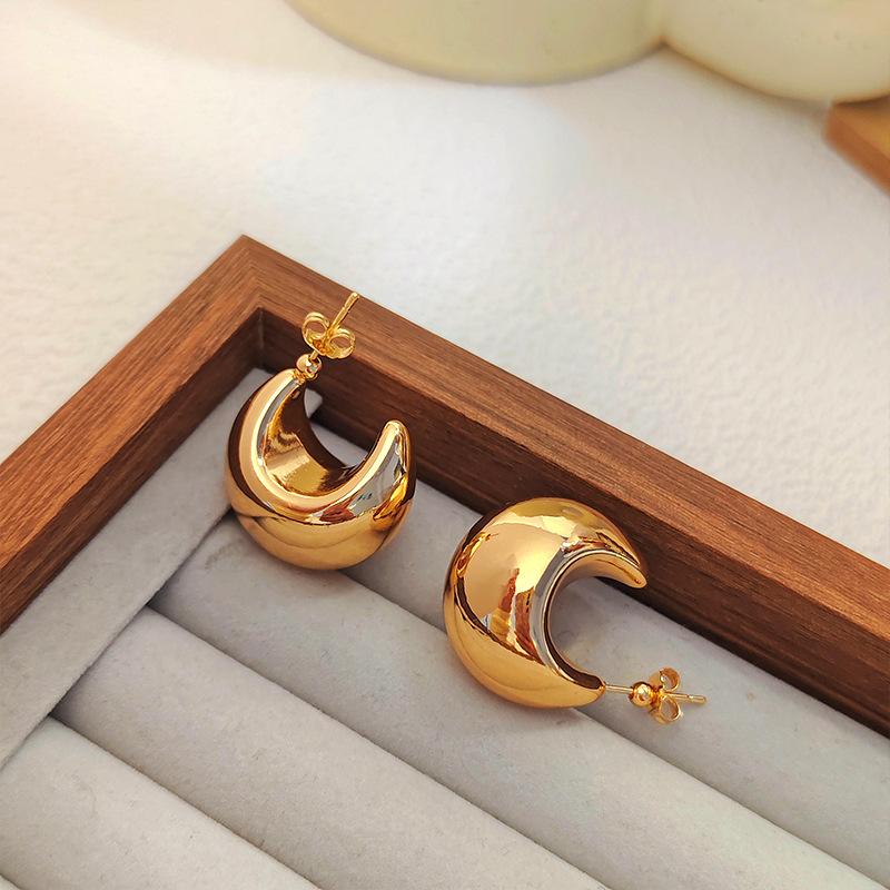 Ladies Fashion Crescent Semicircular Hollow Stud Earrings Glossy Geometric Gold Silver Earring Jewelry Female