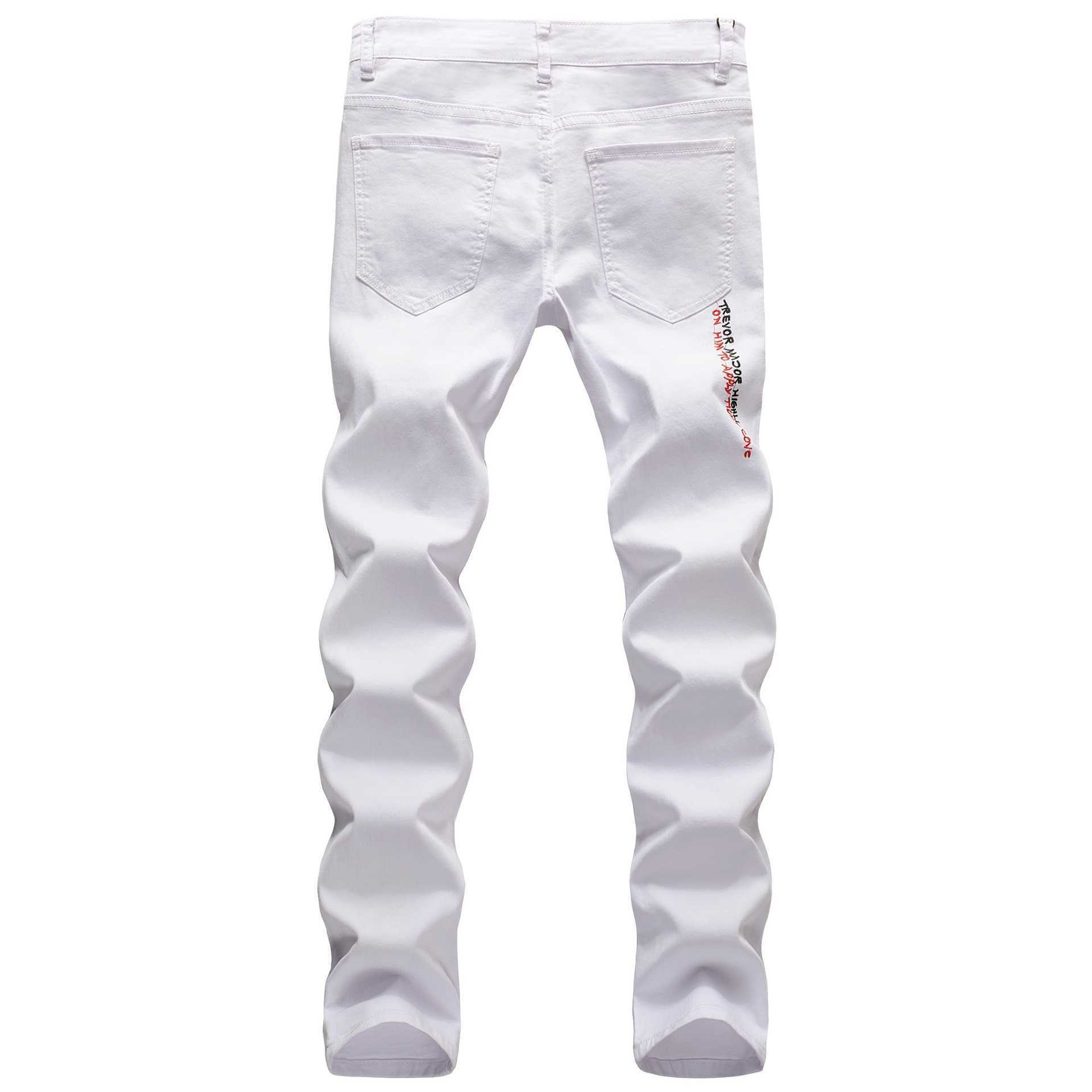 Printemps et été mode déchiré jean haute rue tendance broderie pantalon mince pantalons longs micro élastique sport décontracté vêtements pour hommes HKD230829