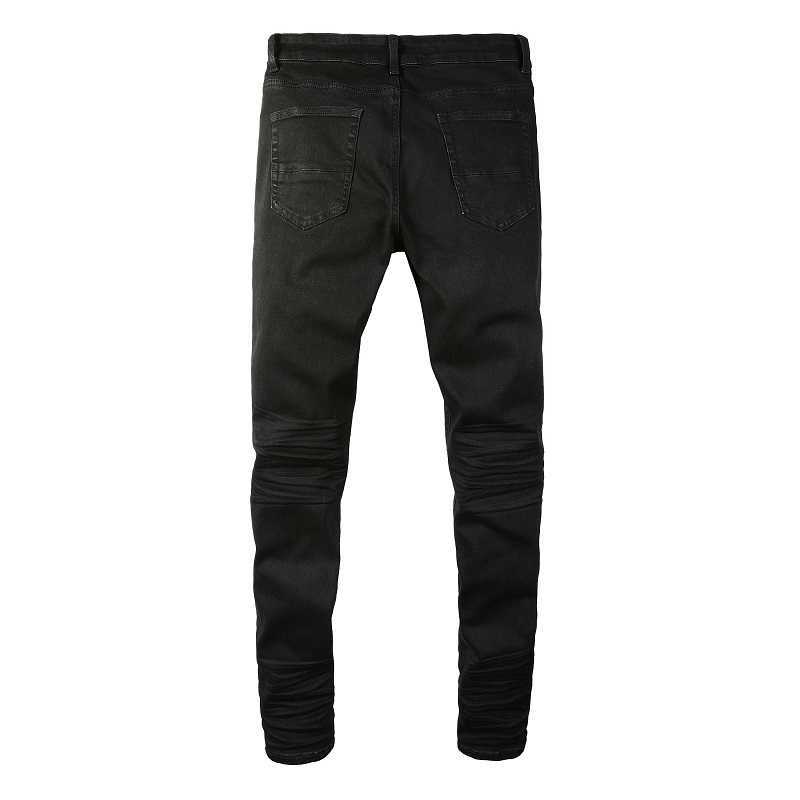 Men's Black Blank Distressed Italian Drip Slim Fit Stretch Ripped Plain Jeans HKD230829
