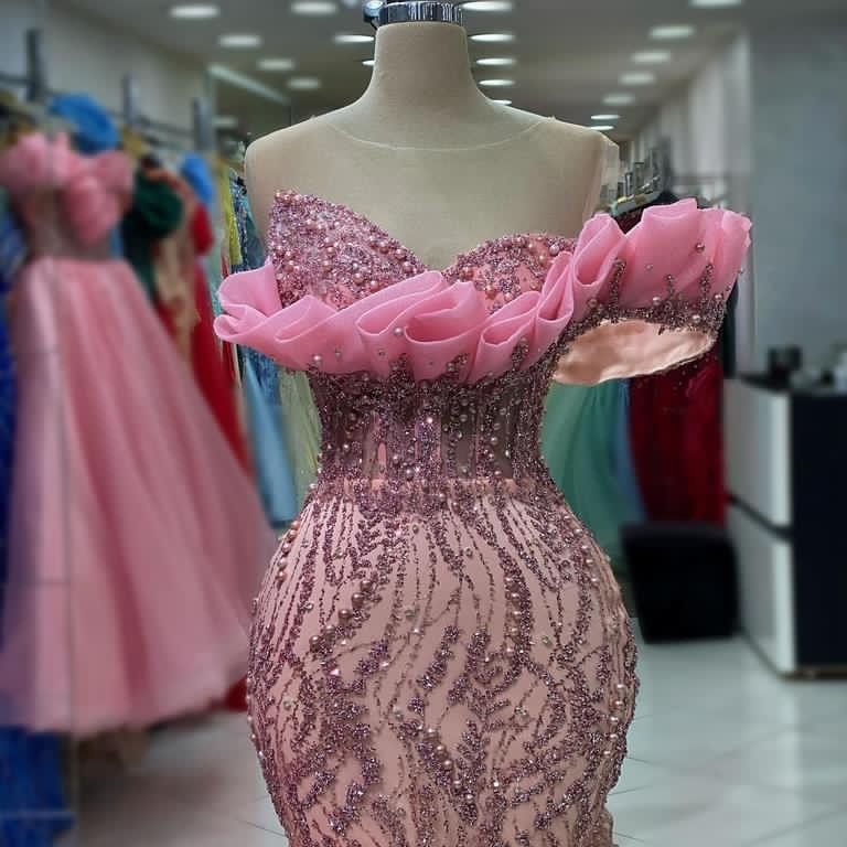 2023 ASO EBI Arabiska rosa sjöjungfru Prom Dress Pearls Sequined Lace Evening Formal Party Second Reception Birthday Engagement Goods Dresses Robe de Soiree ZJ357