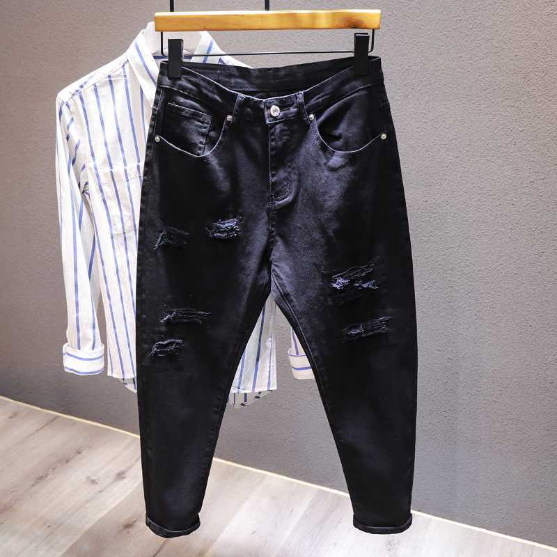 New White Jeans Men All-match Fashion Ripped Hole Slim Stretch Harem Pants Comfortable Male Streetwear Denim Trousers HKD230829