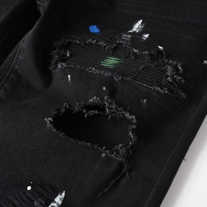 Calça jeans masculina preta desgastada com estampa de alta elasticidade, grafite, slim fit, com costelas, pintura pulverizada, rasgada, HKD230829