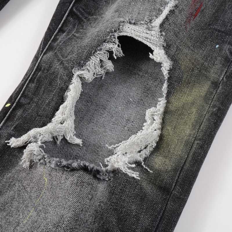 EU Drip Denim Jeans Men's Light Gray Distressed Moustache Slim Fit Graffiti Damaged Holes Stretch Painted Ripped Jeans HKD230829