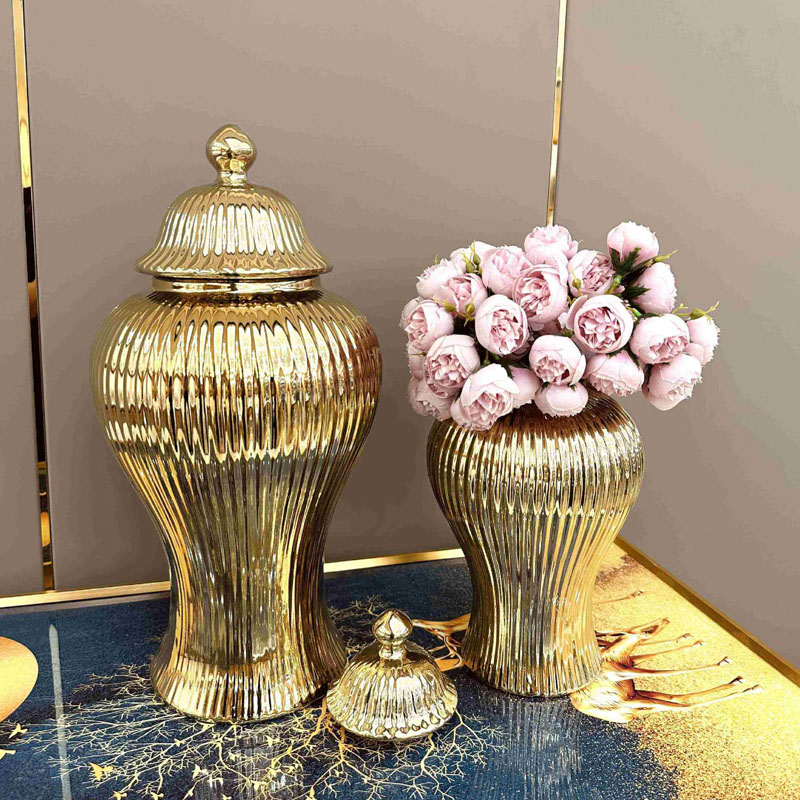 Bottiglie di stoccaggio Barattolo a strisce dorate Contenitore tè in porcellana Vaso da tavolo Disposizione dei fiori Serbatoio generale Vasetti gioielli Contenitori cosmetici