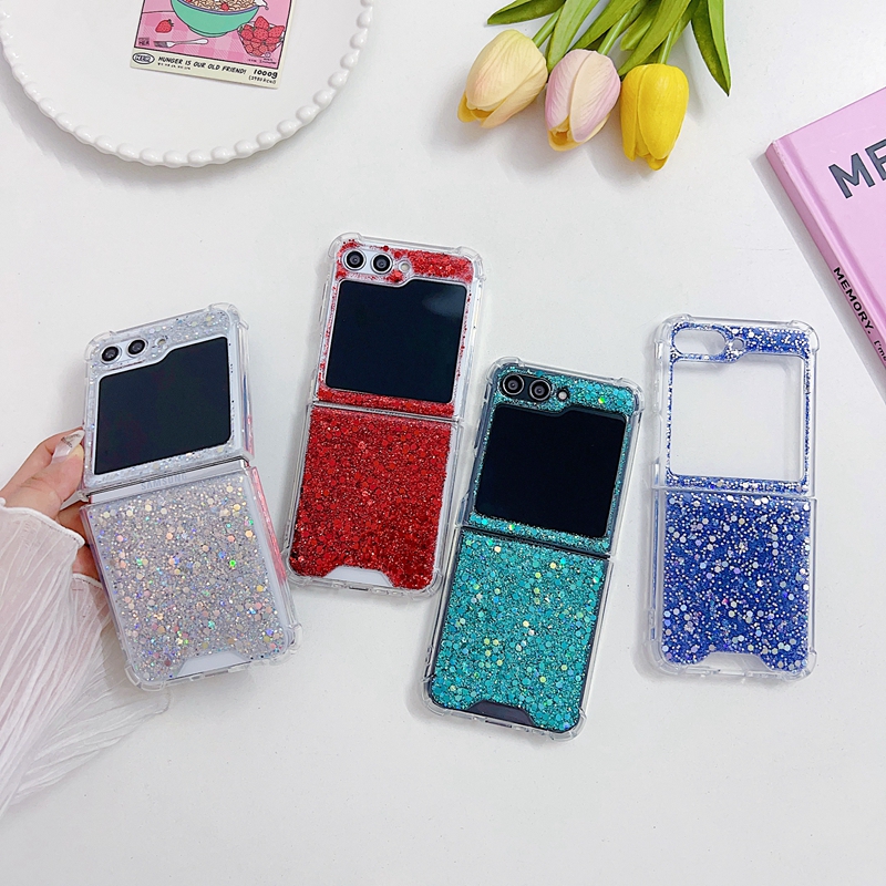 Bling Glitter Foil Foil Confetti Shock -Rase для Samsung Zflip5 Galaxy Z Flip 5 Flip5 прозрачный твердый пластиковый компьютер акриловый мягкий TPU Складная крышка мобильного телефона