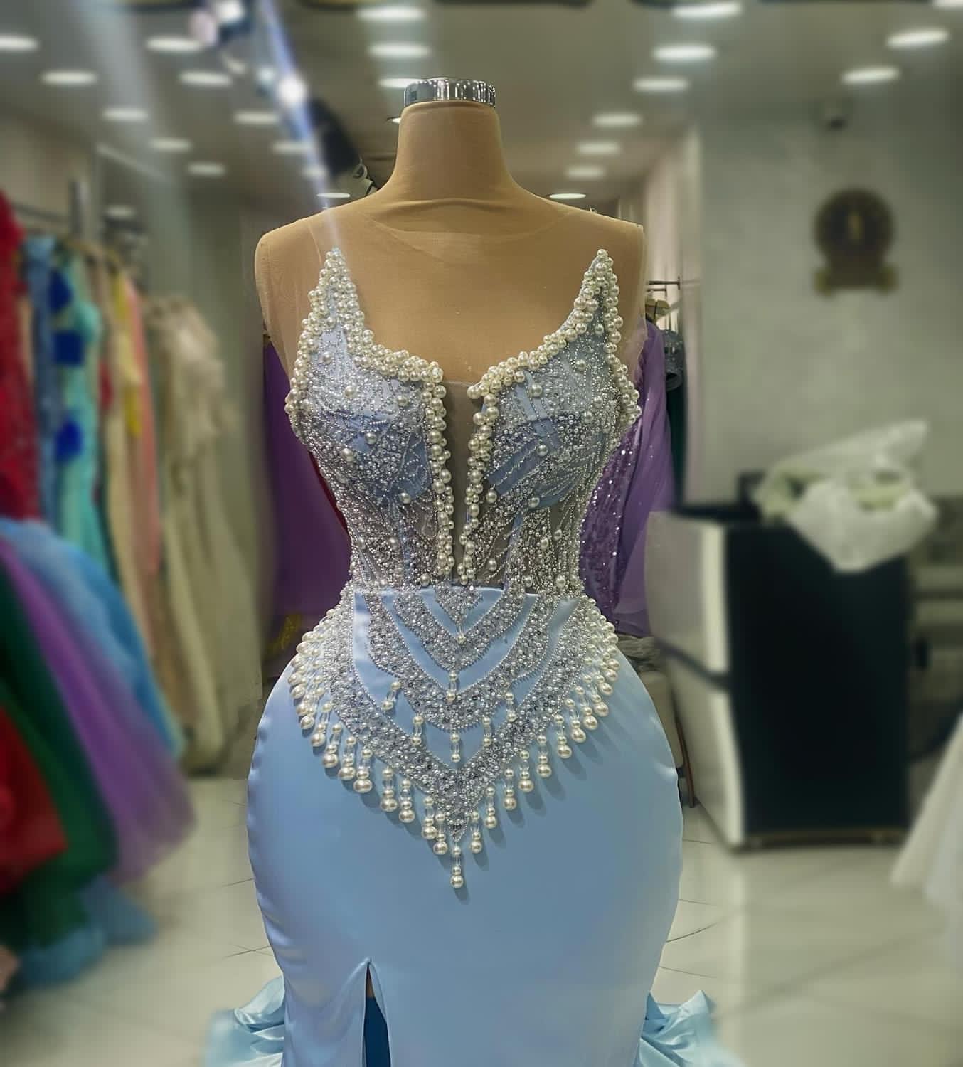 2023 Aso Ebi Arabo Sirena Cielo Blu Prom Dress Perle In Rilievo Raso Serata Formale Festa Secondo Ricevimento Compleanno Abiti di Fidanzamento Abiti Robe De Soiree ZJ32